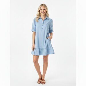 S’edge Blue Tiered Puff Sleeve Sundress size xsmall with pockets cotton fabric